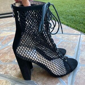Public Desire Fishnet Black Mesh Lace-Up Block Heels
